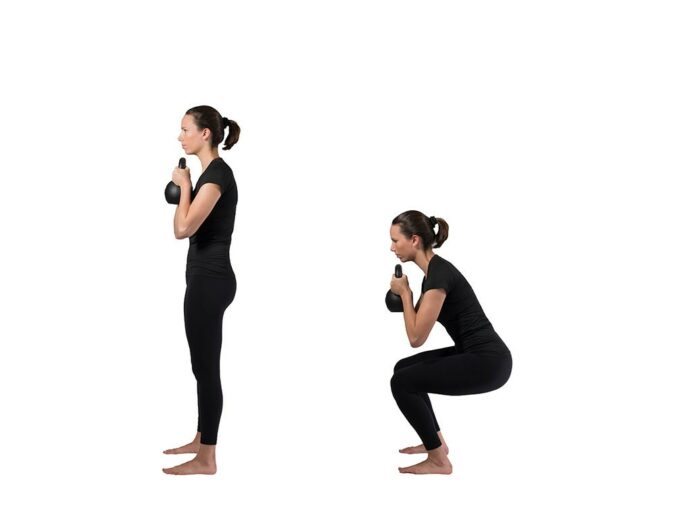Woman standing and holding a kettlebell in both hands underneath chin. Second image shows woman squatting while still holding kettlebell underneath chin