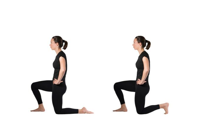 Two pictures of a woman doing quad stretch while kneeling on one knee with hands on hips. One picture shows the top of the back foot flat on the ground. The second picture shows the toes in the ground, increasing the quad stretch.