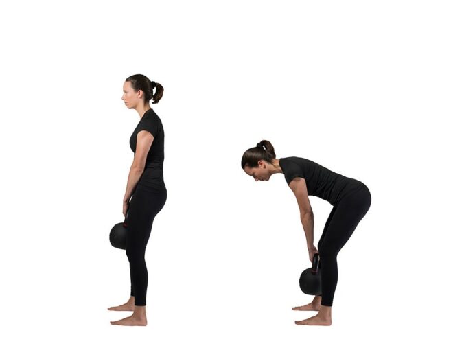 Woman standing with kettlebell in hands hanging straight down between knees, then a second photo of the same woman bending over with a straight back, kettlebell still between knees