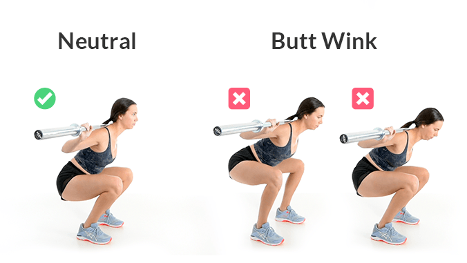 An overview of butt wink showing three squats: a deeper squat with a neutral spine, a butt wink with a reversed spinal curve, and a butt wink with a rounded back