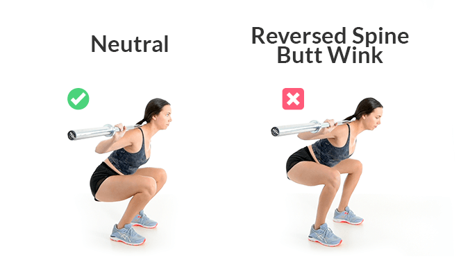 Two pictures showing a full depth squat and a reversed spine butt wink squat