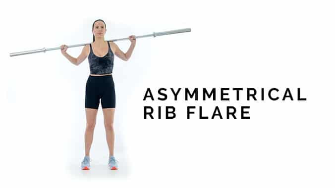 Asymmetrical rib flare in the good morning. A woman standing with a barbell on her back and her left lower ribs flared out, showing the barbell tilting to the right