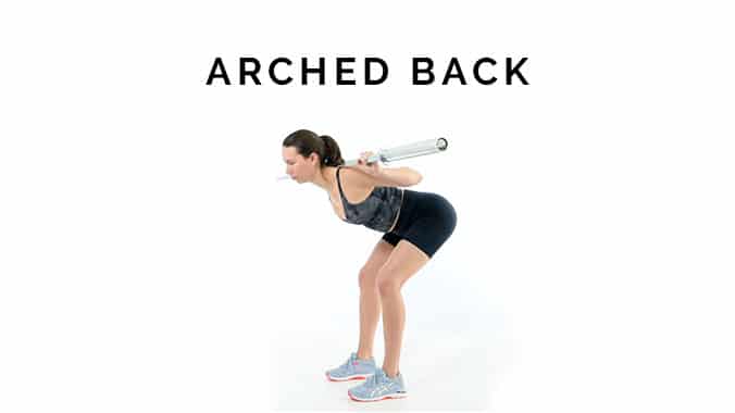 Arched back in the good morning. Woman bent over with barbell on her back and back arched