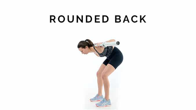 Rounded back in the good morning. Woman bent over with a barbell on her back and back rounded