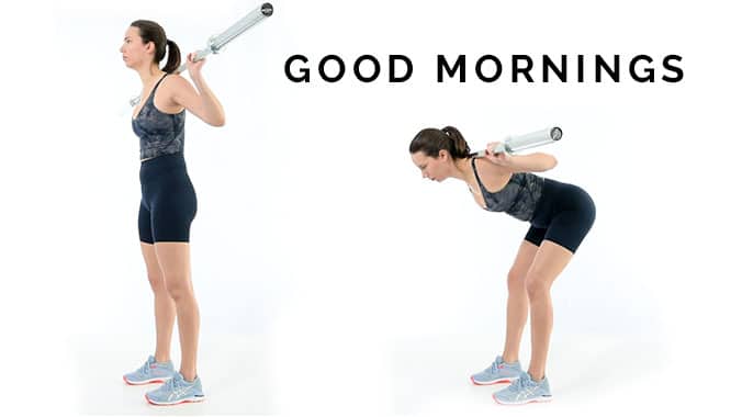 The good morning exercise. Two pictures showing a woman with a barbell on her back standing up and bent over doing a good morning