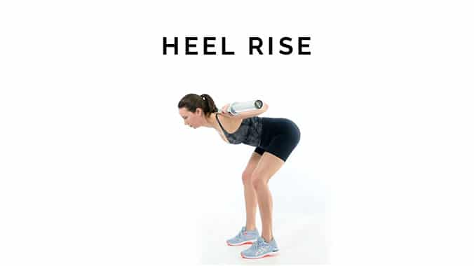 Heel rise in the good morning. Woman bent over with barbell on her back and heels off the ground