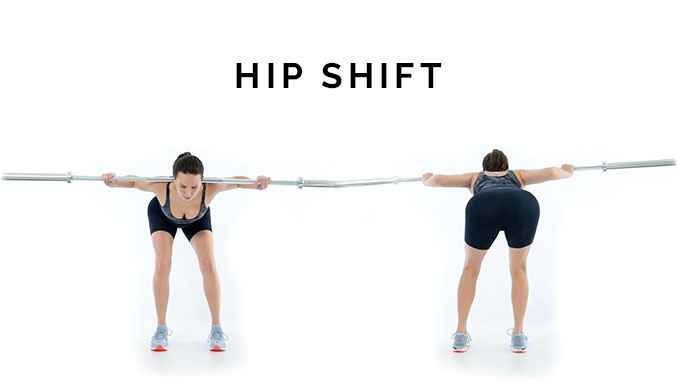 Hip shift in the good morning. Two pictures of a woman bent over with a barbell on her back showing her hips shifted to the right viewed from the front and from the back