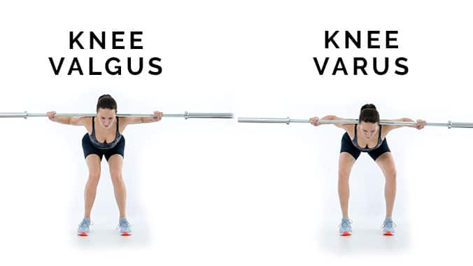 Knee valgus and knee varus in the good morning. Two pictures showing a woman bent over with a barbell on her back, one with her knees caving inward together to show knee valgus, the other with her knees splaying apart to show knee varus