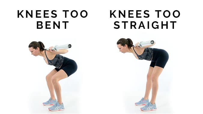 Knees too bent and knees too straight in the good morning. Two pictures of a woman bent over with a barbell on her back, one showing lots of knee bend and one showing locked out knees
