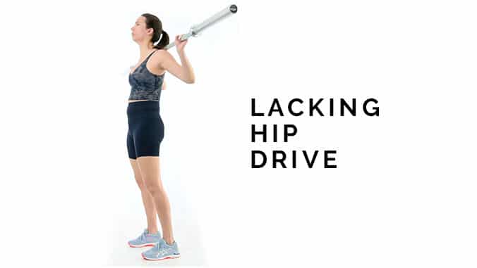 Lacking hip drive in the good morning. Woman standing with barbell on her back and excessive arch in her low back