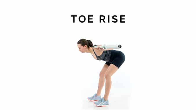 Toe rise in the good morning. Woman bent over with barbell on her back and toes rising off the ground