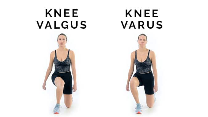 two pictures of a woman at the bottom of a split squat, one showing knee valgus and the other showing knee varus