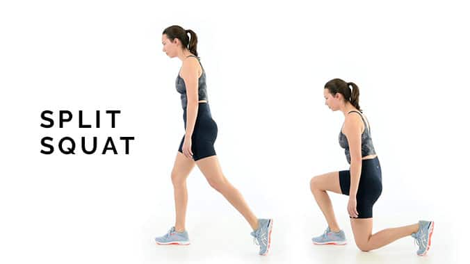 two pictures of a woman doing a split squat at the top and bottom of the movement